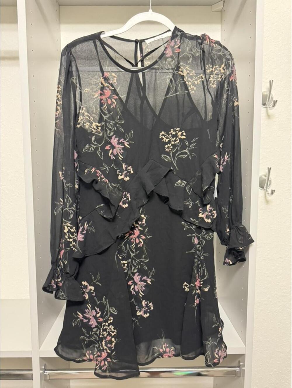 ASTR the Label Black Floral Ruffle Dress with Sheer Long Sleeves